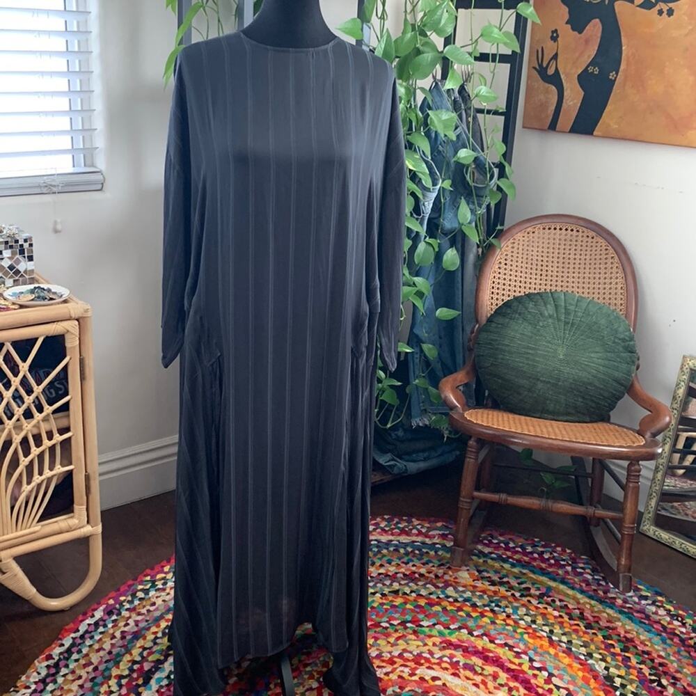 NWT NEED Sydney Black Pinstripe Side Cinch Boho Lagenlook Kaftan Midi Maxi Dress